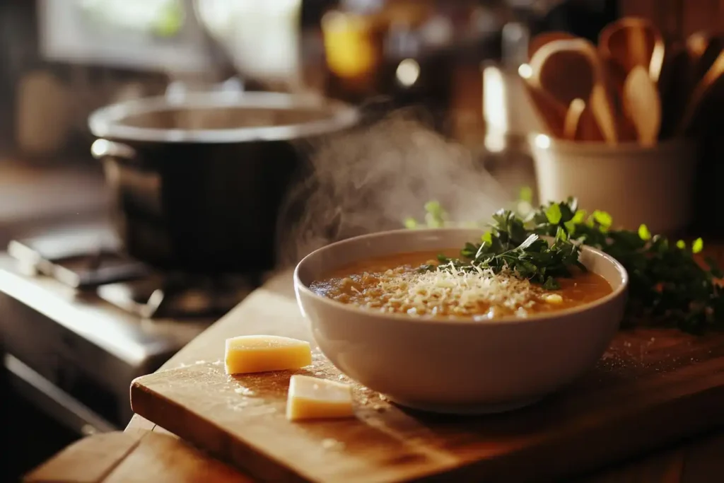 A steaming bowl of hearty vegetable soup with parmesan rind pieces, colorful vegetables like carrots and zucchini, and fresh herbs.