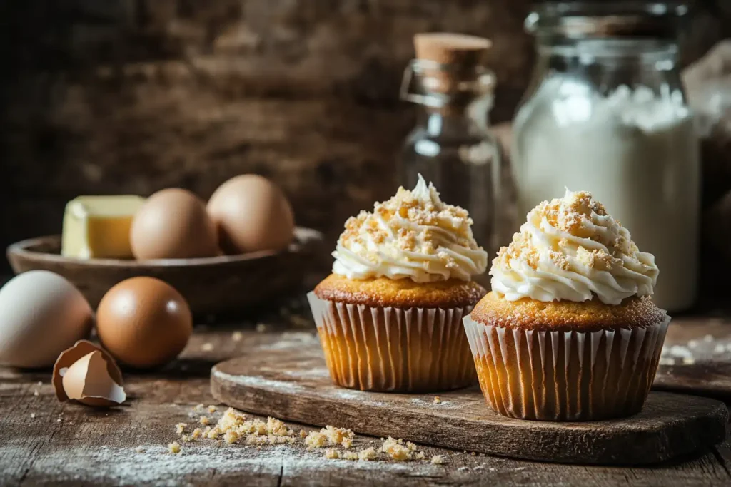 Freshly baked moist cupcakes with fluffy frosting on a rustic wooden table.
