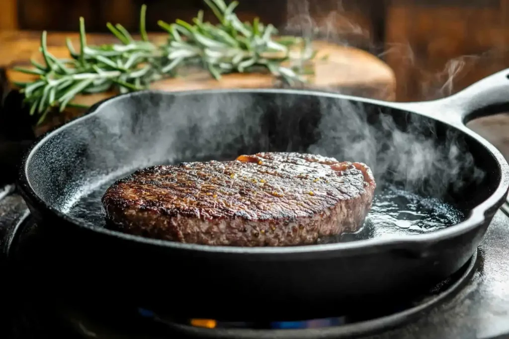 Thin steak cooking in a cast-iron skillet with herbs and steam rising.
