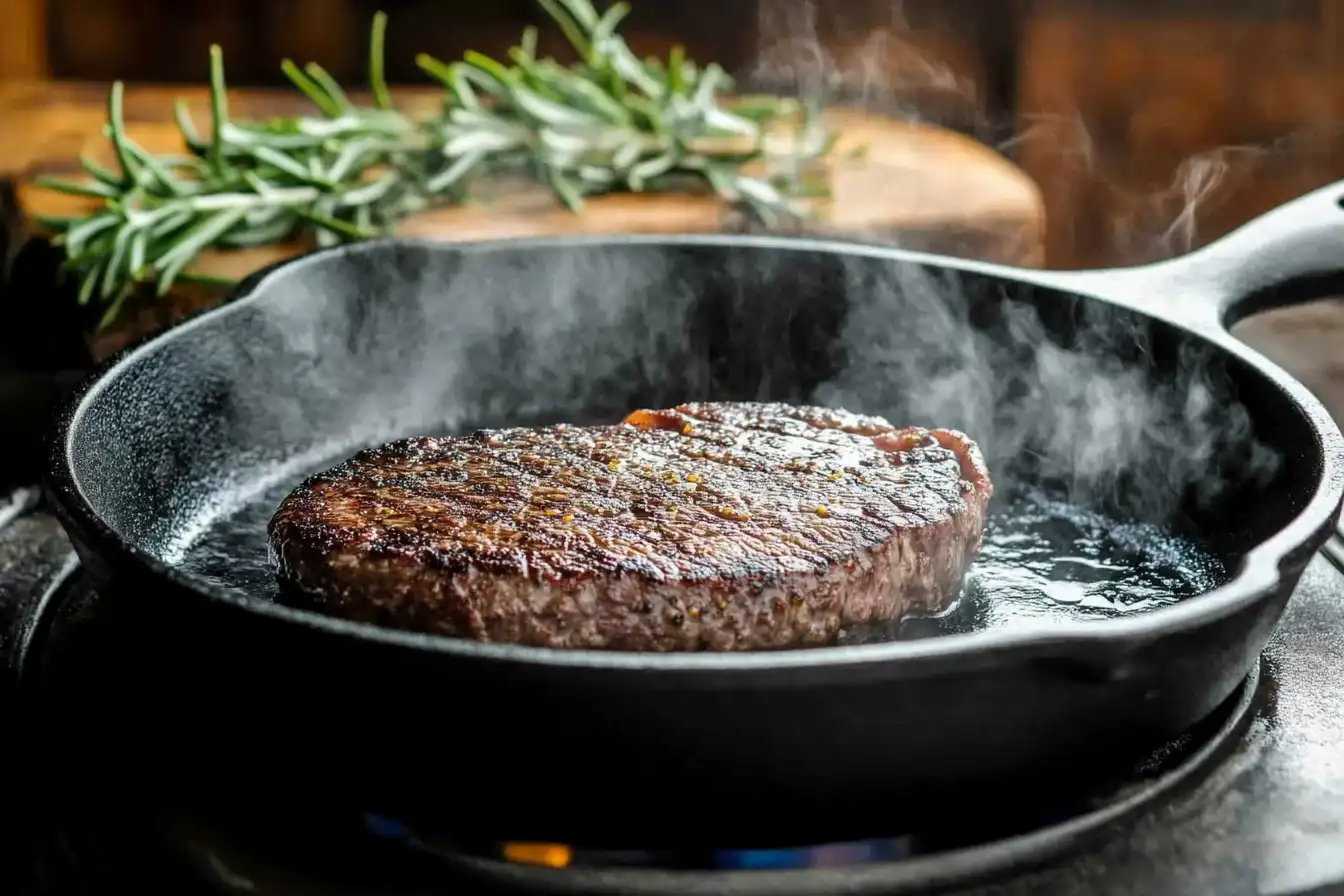 Thin steak cooking in a cast-iron skillet with herbs and steam rising.