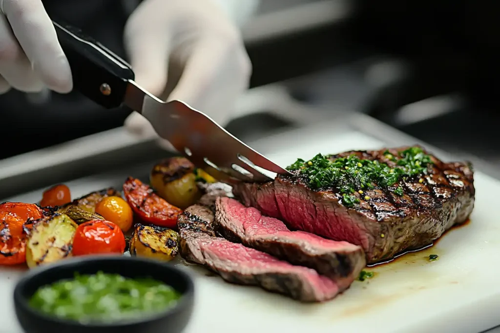 A person tenderizing a thin steak with a mallet and seasoning it with salt and pepper.