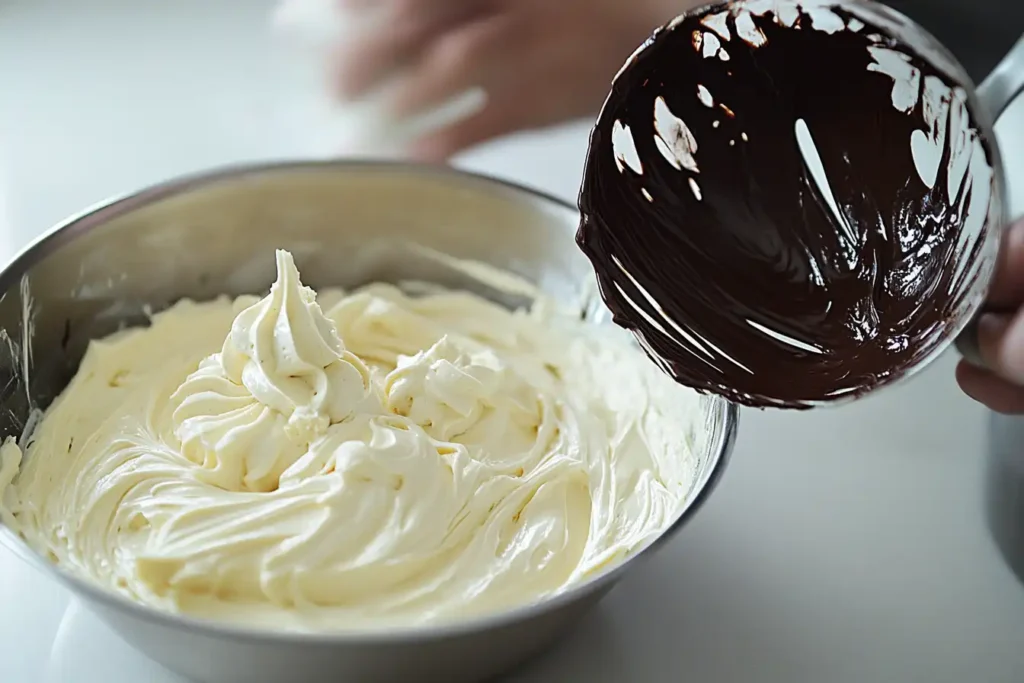 Step-by-step process of melting white chocolate and cream for ganache.