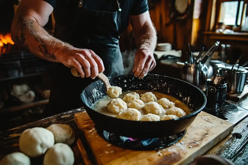 Hands rolling dough and cutting dumplings into squares for Cracker Barrel chicken and dumplings.