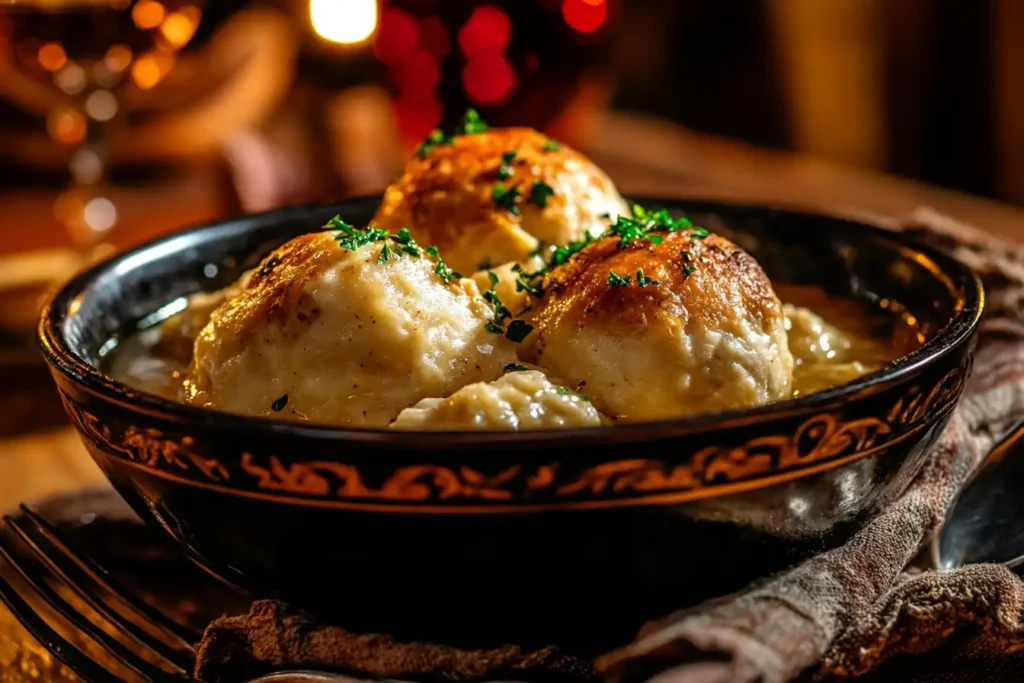 Bowl of Cracker Barrel chicken and dumplings with fluffy dumplings and tender chicken in creamy broth.