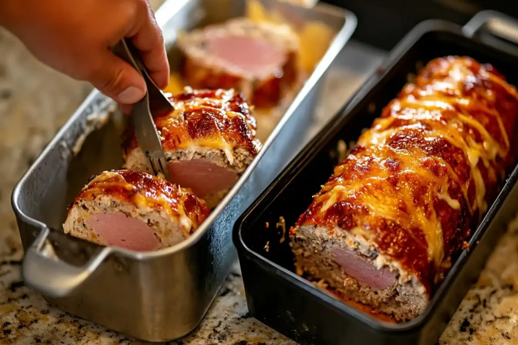 A collage showing the preparation process of chicken cordon bleu meatloaf: flattening the meat mixture, layering ham and cheese, rolling the loaf, and baking in a pan.