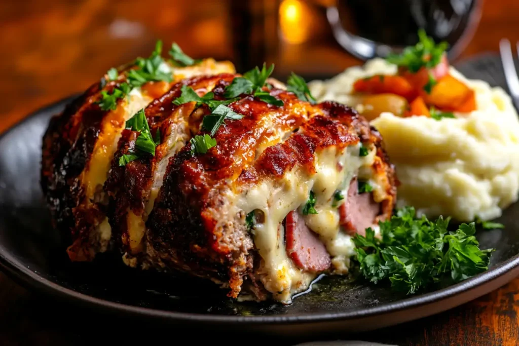 A freshly baked chicken cordon bleu meatloaf sliced to reveal layers of ham and melted cheese, served on a wooden platter.
