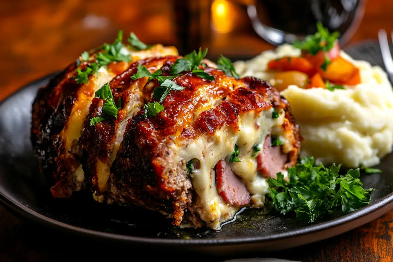 A freshly baked chicken cordon bleu meatloaf sliced to reveal layers of ham and melted cheese, served on a wooden platter.