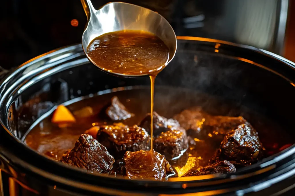 Raw beef tips in a slow cooker with gravy being poured over.
