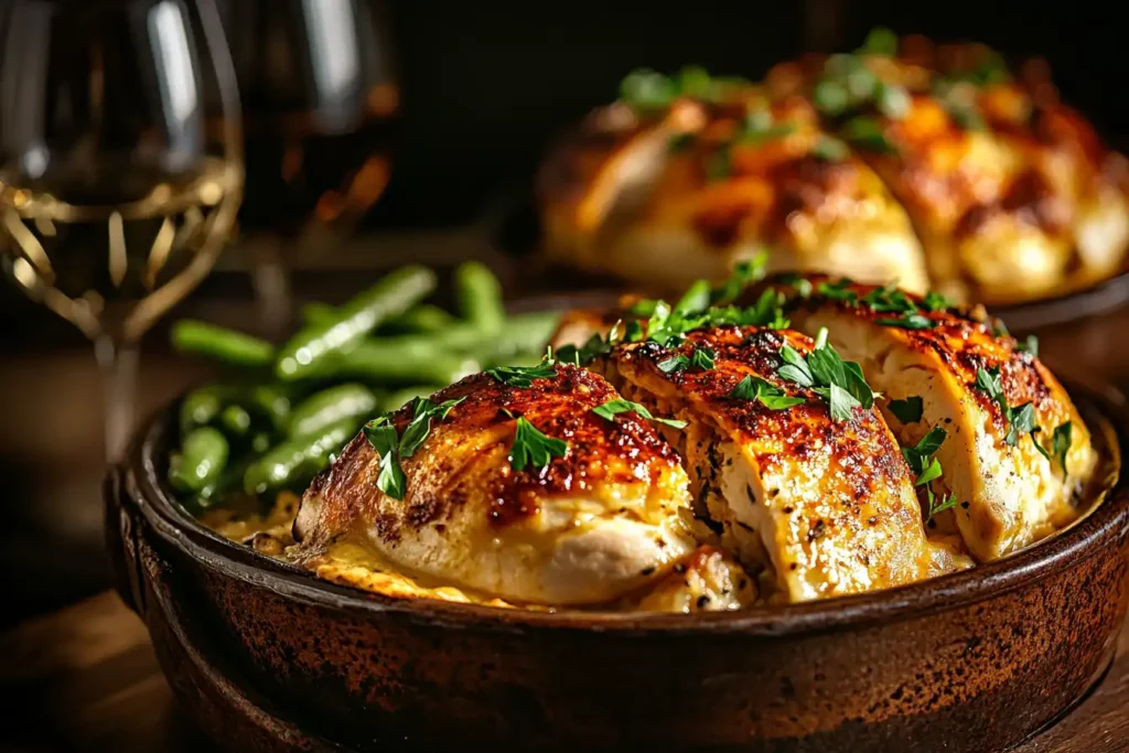 A golden, bubbly million dollar chicken casserole in a ceramic dish, garnished with parsley and served with green beans on the side.