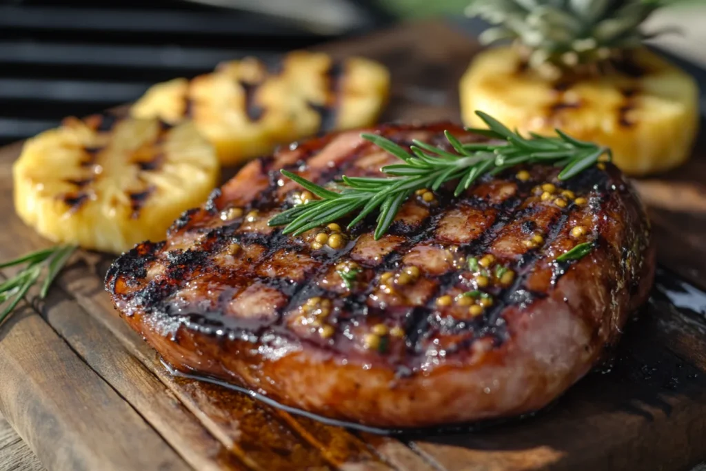 A beautifully grilled ham steak on a wooden platter, glazed with a shiny brown sugar glaze, garnished with rosemary and pineapple slices.