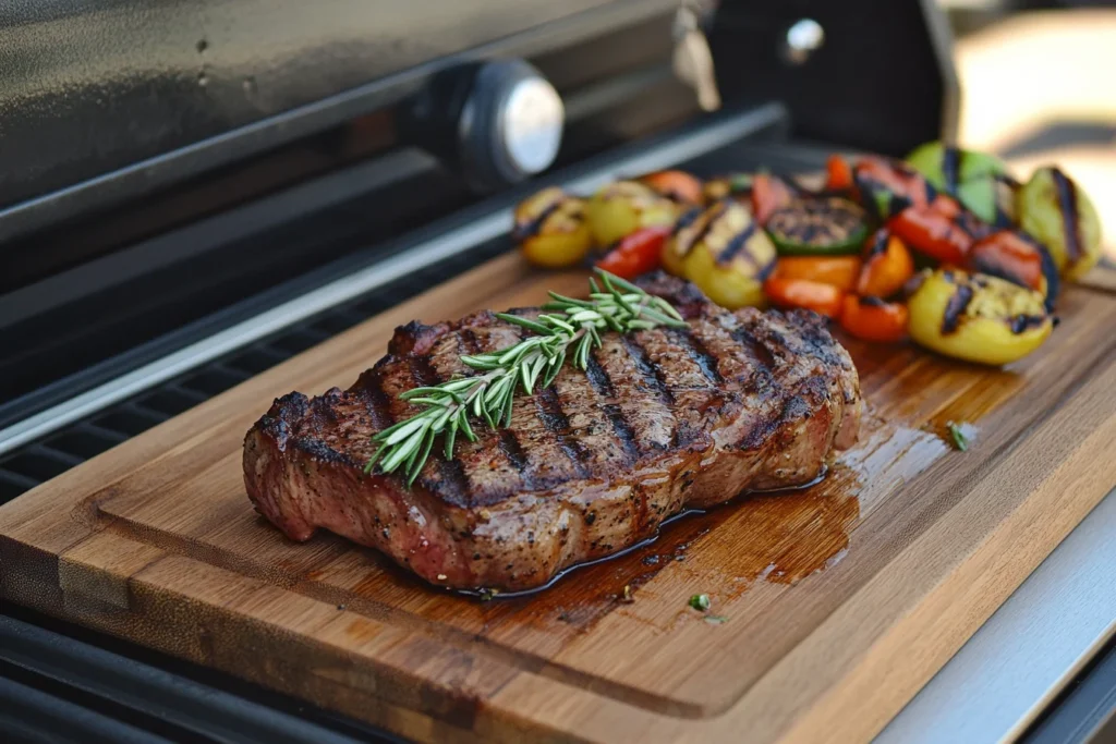 Grilled sirloin steak with sear marks served on a wooden cutting board garnished with rosemary and a side of grilled vegetables.