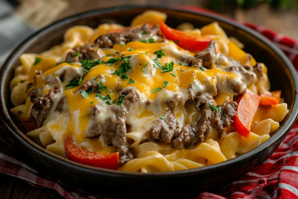 A bowl of creamy Philly Cheesesteak Pasta with tender beef, sautéed peppers, and onions in a rustic kitchen setting.