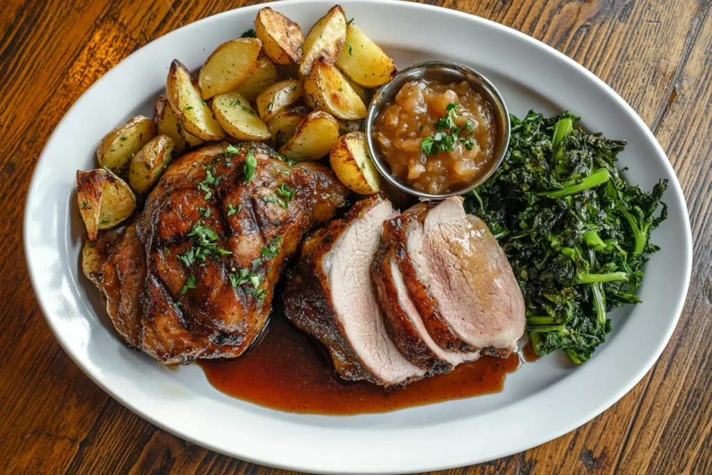 A beautifully plated pork roast surrounded by roasted potatoes, applesauce, and sautéed greens on a rustic wooden dining table.
