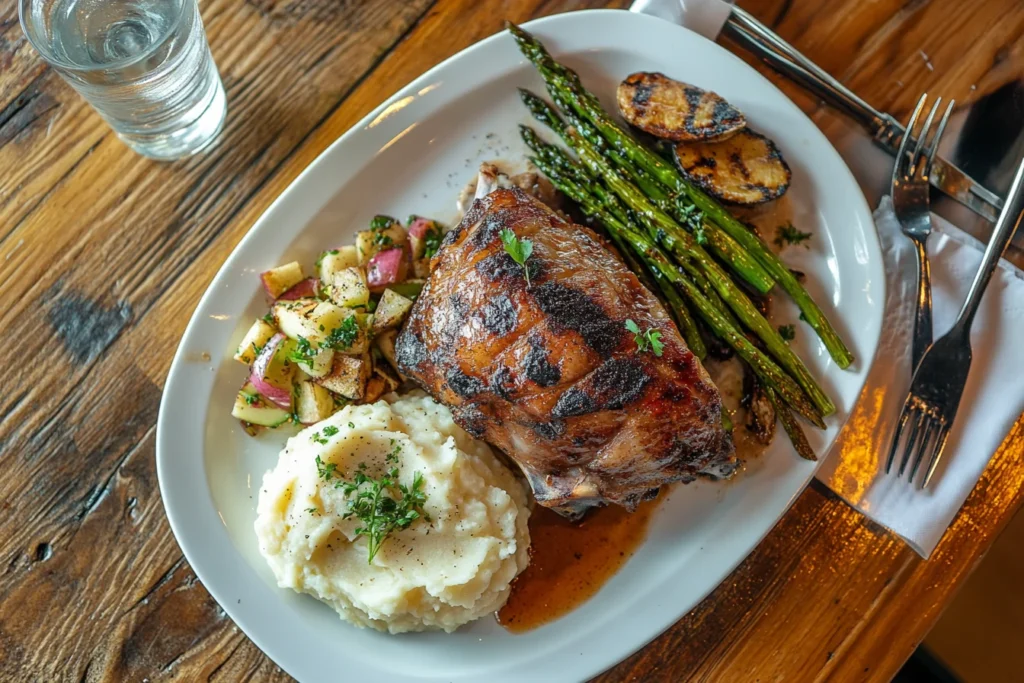 A plated pork shoulder with mashed potatoes, roasted vegetables, and apple sauce on a rustic wooden table.