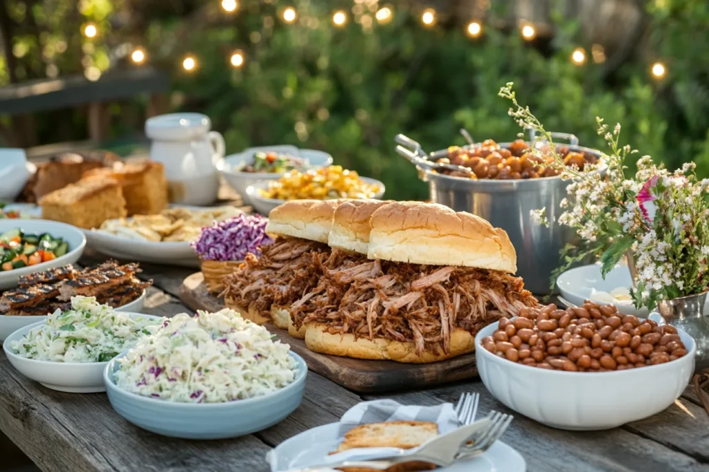 A beautifully set picnic table featuring pulled pork sandwiches, surrounded by bowls of coleslaw, baked beans, cornbread, and grilled vegetables, in bright outdoor lighting.