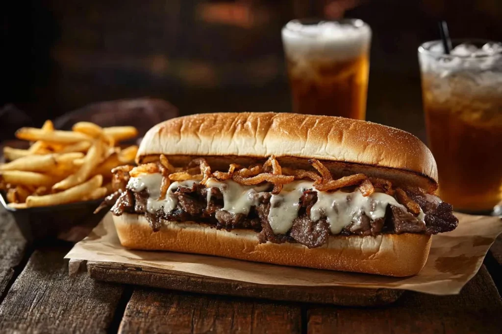 A classic Philly cheesesteak sandwich with melted cheese, tender beef, fried onions, and a fresh hoagie roll, served on a wooden table.