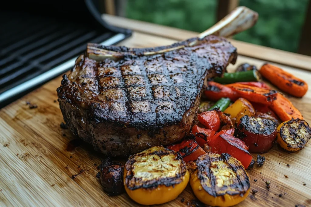 Close-up of a grilled tomahawk steak with charred grill marks, surrounded by grilled vegetables on a wooden cutting board.