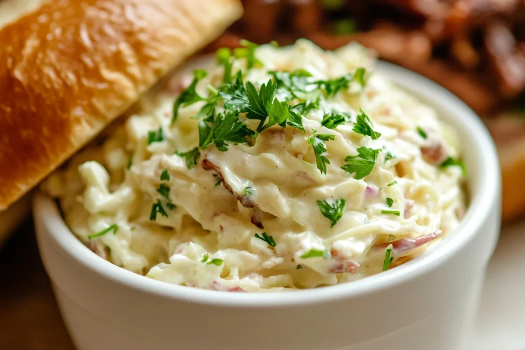 Close-up of a bowl of creamy coleslaw garnished with parsley, next to a pulled pork sandwich.