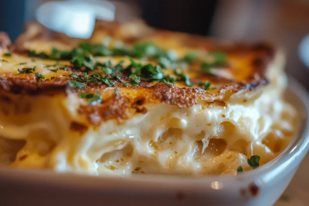 Close-up of Gordon Ramsay’s mac and cheese showing melted cheese layers and crispy breadcrumb topping.