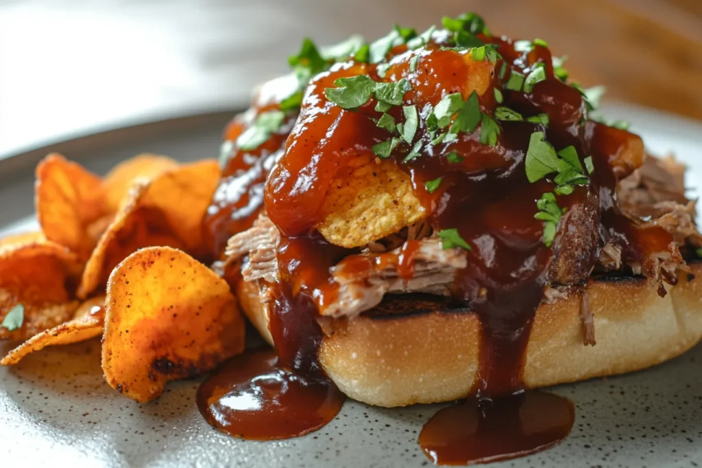 A close-up view of a pulled pork sandwich topped with kettle chips, barbecue sauce drizzled on top, and a side of sweet potato chips on a clean, minimalistic plate.