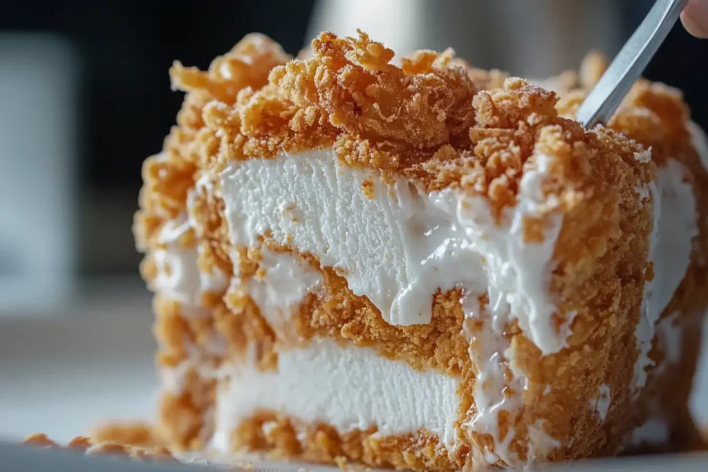 Close-up of fried chicken ice cream layers, showing crispy edible coating and creamy vanilla core.