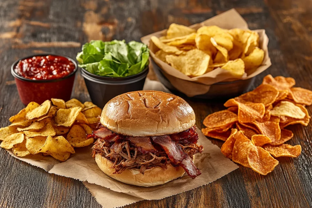 A colorful image of a pulled pork sandwich served with kettle chips, sweet potato chips, and classic potato chips on a rustic wooden table with a summer barbecue theme.
