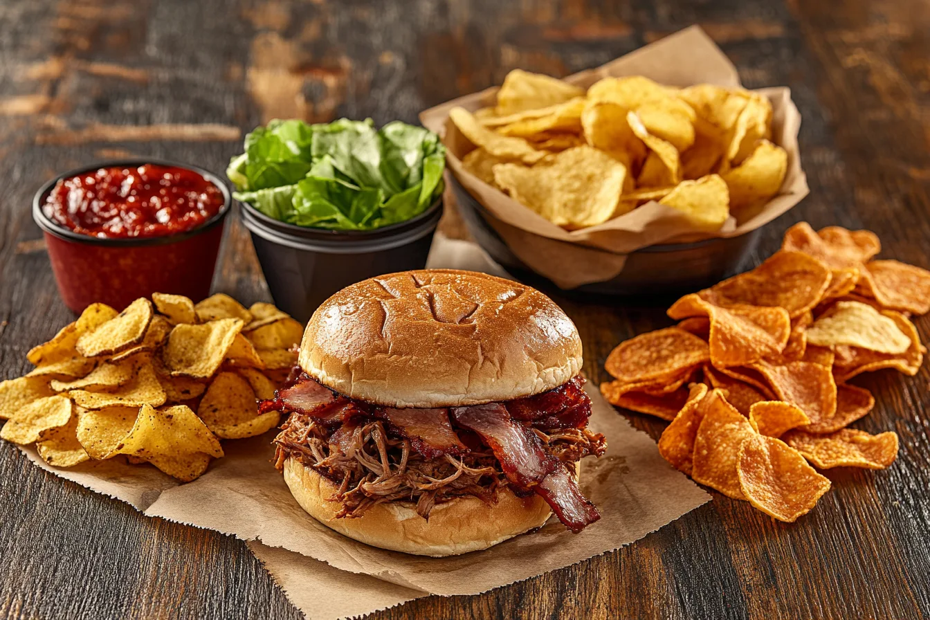 A colorful image of a pulled pork sandwich served with kettle chips, sweet potato chips, and classic potato chips on a rustic wooden table with a summer barbecue theme.