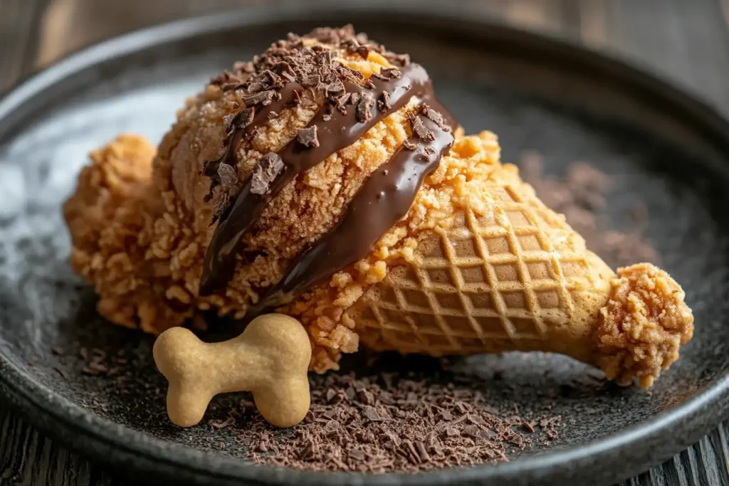 Not Fried Chicken Ice Cream served on a rustic plate, showcasing its fried chicken-like appearance with a chocolate cookie "bone."