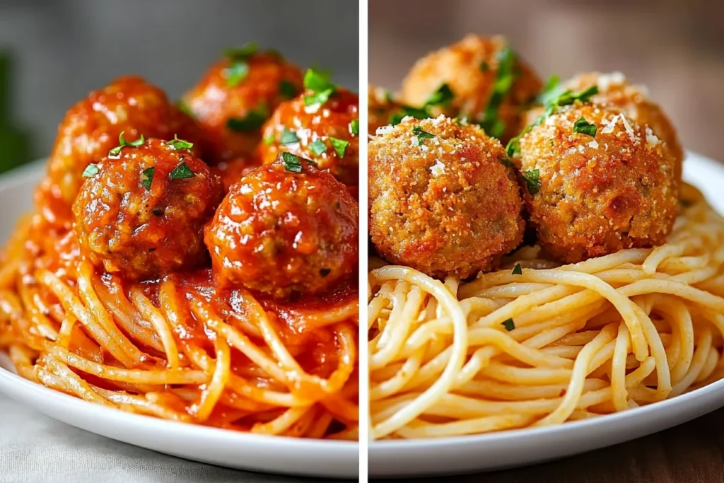 A comparison of fried and baked meatballs on a plate with spaghetti.