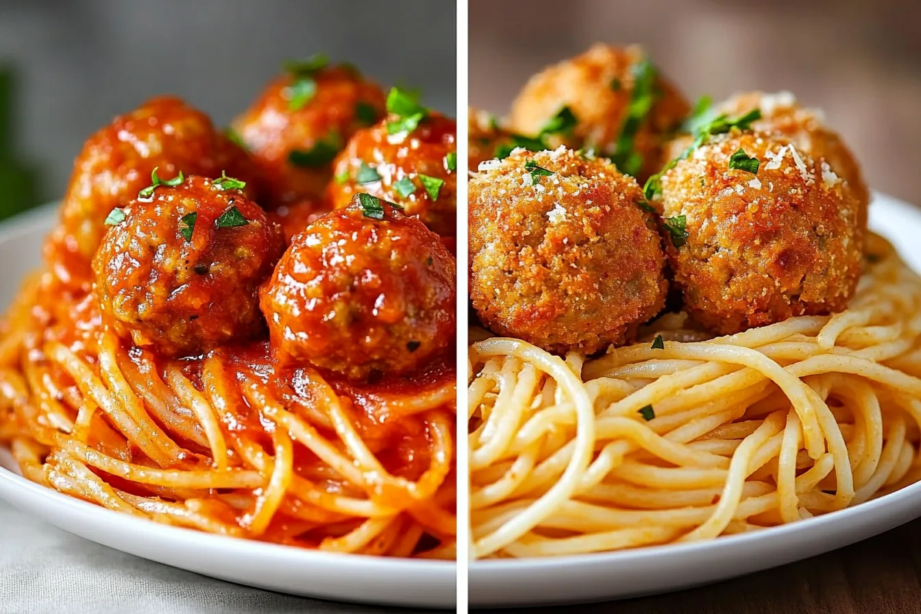 A comparison of fried and baked meatballs on a plate with spaghetti.