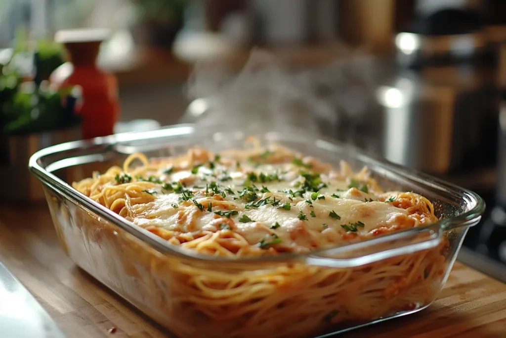 A freshly baked spaghetti dish topped with melted mozzarella cheese, garnished with parsley, and steaming slightly.