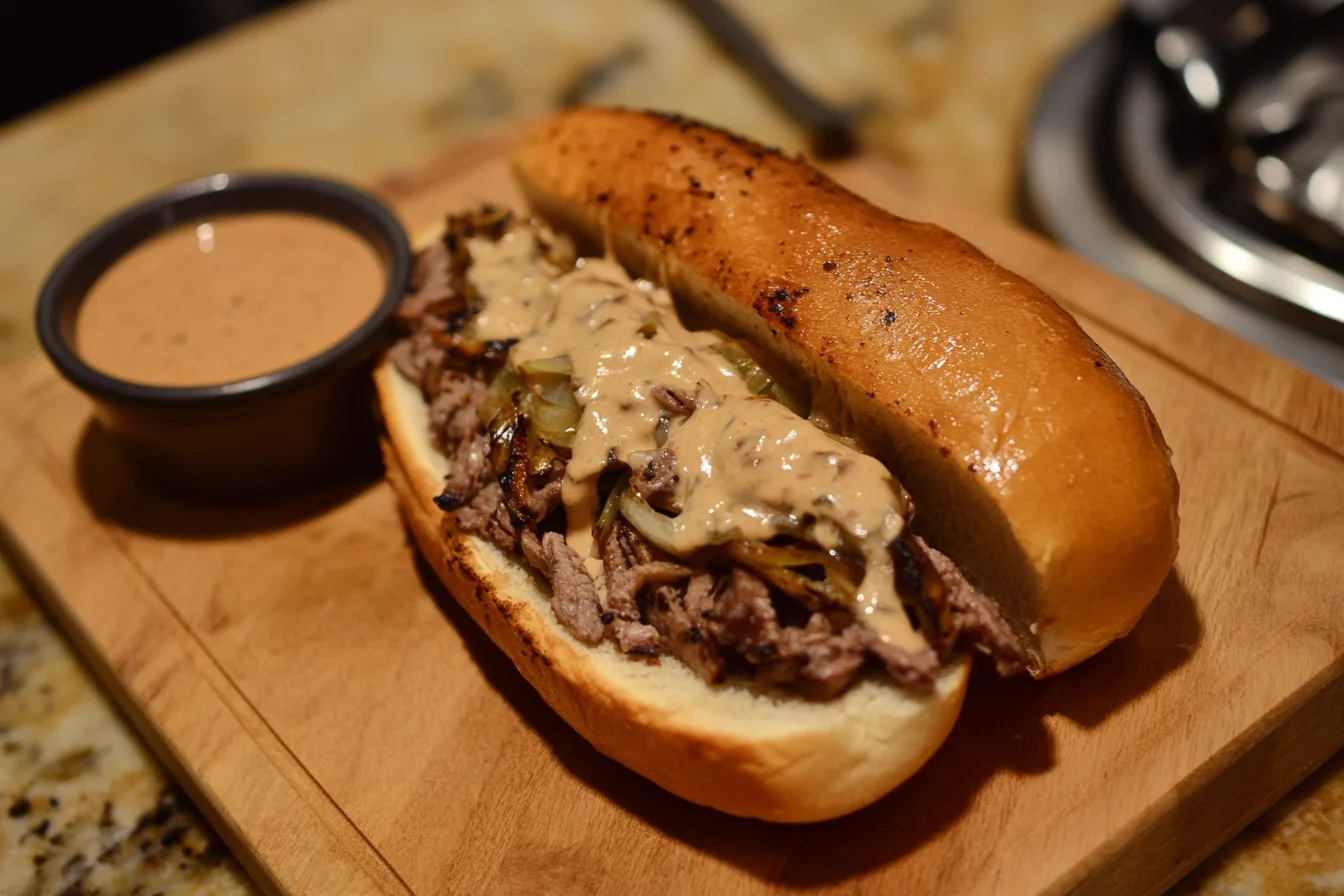 A freshly made Philly cheesesteak with melted cheese, sautéed onions, and peppers on a soft hoagie roll, served with a side of creamy chipotle sauce.