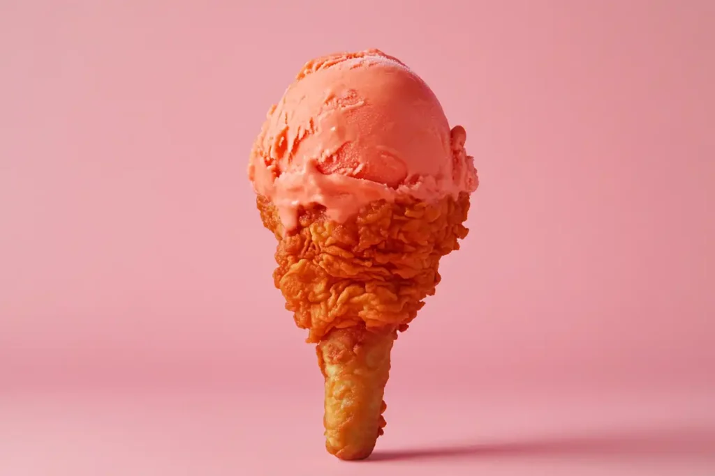 A realistic fried chicken ice cream drumstick served on a colorful dessert plate.
