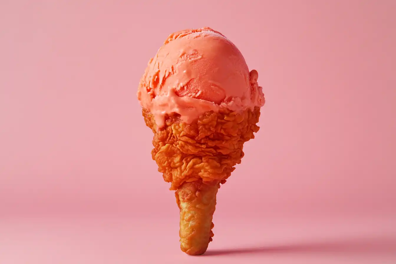 A realistic fried chicken ice cream drumstick served on a colorful dessert plate.