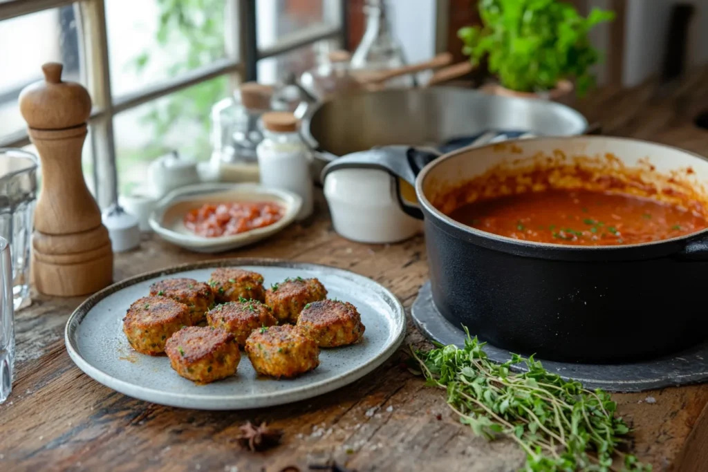 Golden-browned meatballs on a plate beside a pot of tomato sauce with herbs and spices scattered on a rustic wooden countertop.