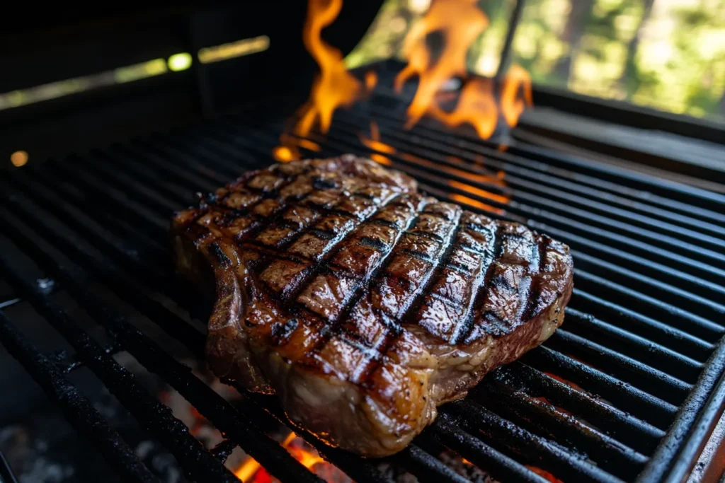 Sizzling ribeye steak on a gas grill with perfect grill marks and flames in the background.