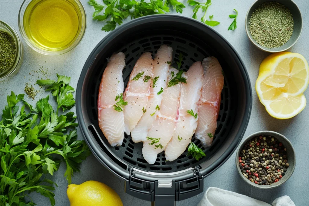 Raw fish fillets on a plate next to a modern air fryer, surrounded by lemon slices, herbs, and spices.