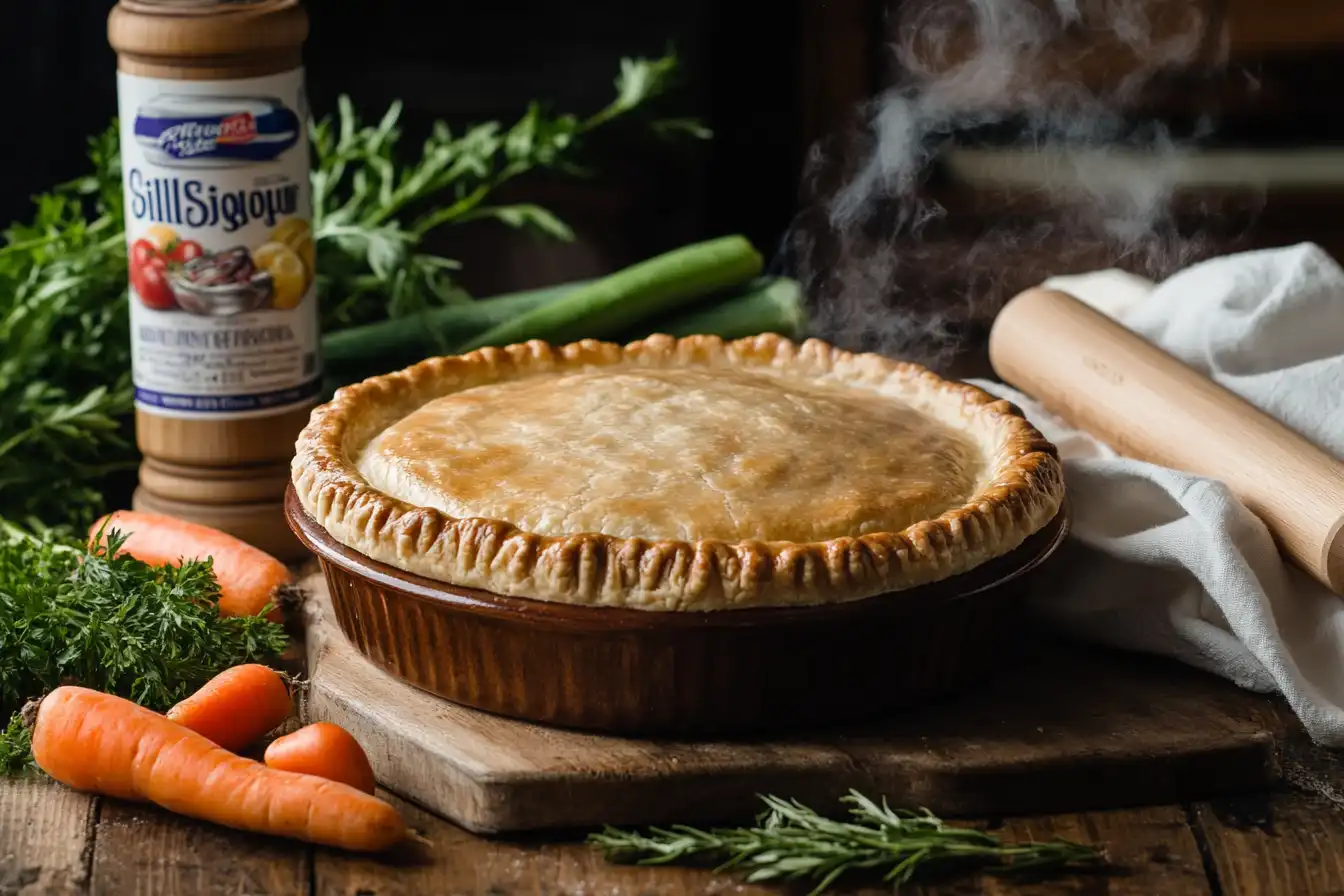 A golden Pillsbury chicken pot pie with flaky crust served in a rustic kitchen setting with fresh vegetables and pie crust packaging.