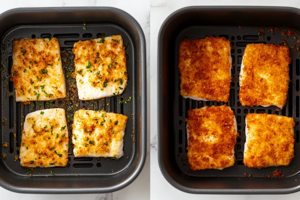 Step-by-step preparation of fish for air frying: drying, coating, and air fryer placement.