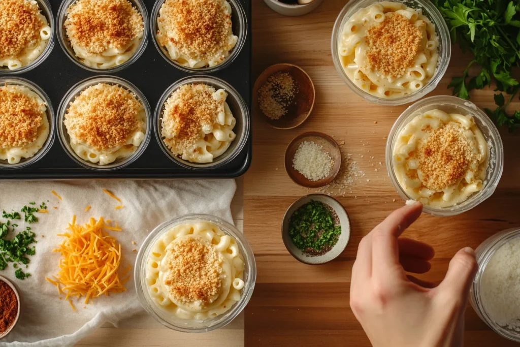 Collage showing the preparation of mac and cheese cups, from adding ingredients to the final baked result.