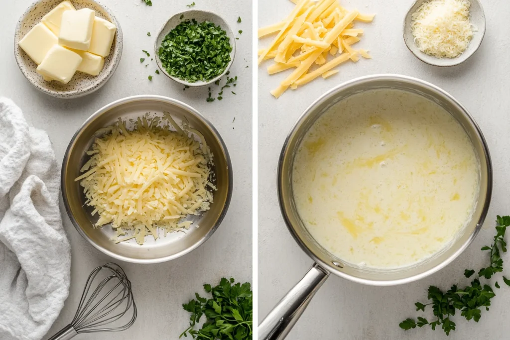 A step-by-step visual guide for preparing cheese sauce, featuring melted butter, whisked flour, milk, and grated cheese in a saucepan.