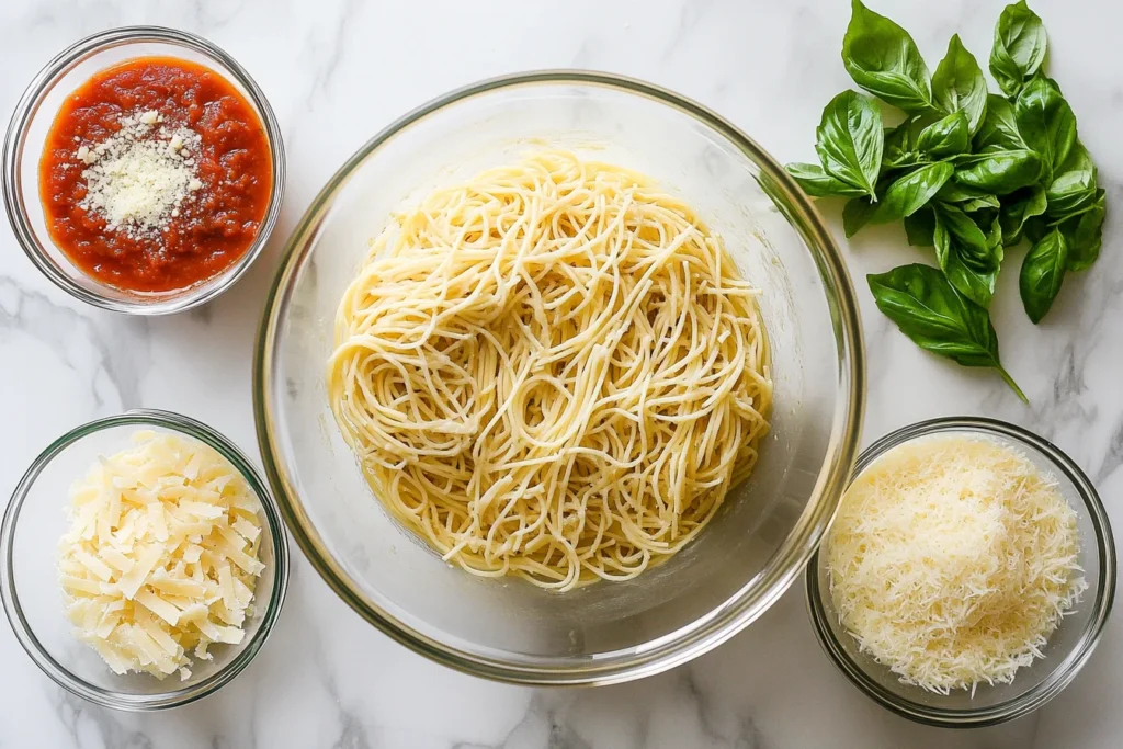 Cooked spaghetti being mixed with marinara sauce in a bowl with grated cheese and fresh basil on the side.