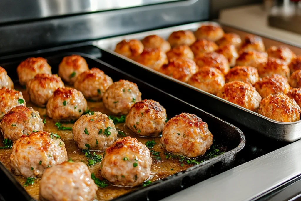 Golden-brown fried meatballs sizzling in a pan, showcasing their crispy exterior.