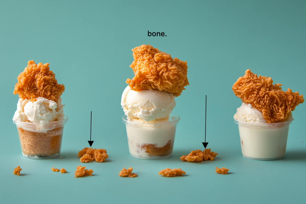 A cross-section of Not Fried Chicken Ice Cream showing the crispy cornflake coating, creamy vanilla ice cream, and edible chocolate bone.