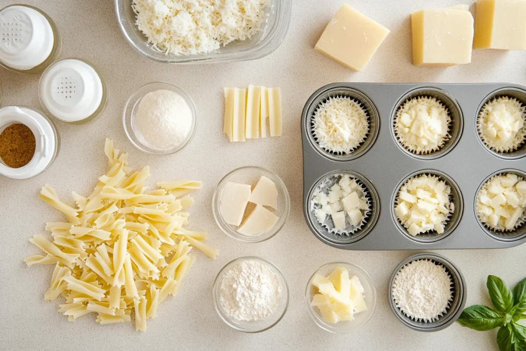 Ingredients for macaroni and cheese cups including elbow macaroni, shredded cheese, milk, and muffin tins laid on a countertop.