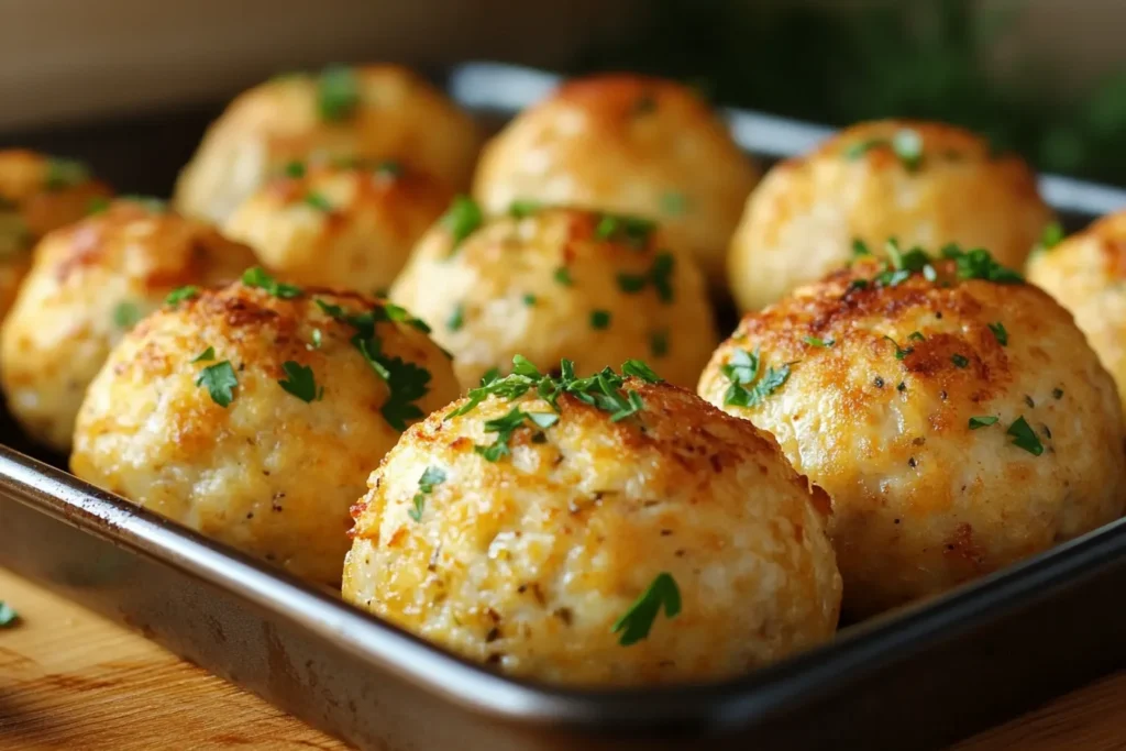 Golden-brown meatballs garnished with fresh parsley on a baking sheet, straight out of the oven.