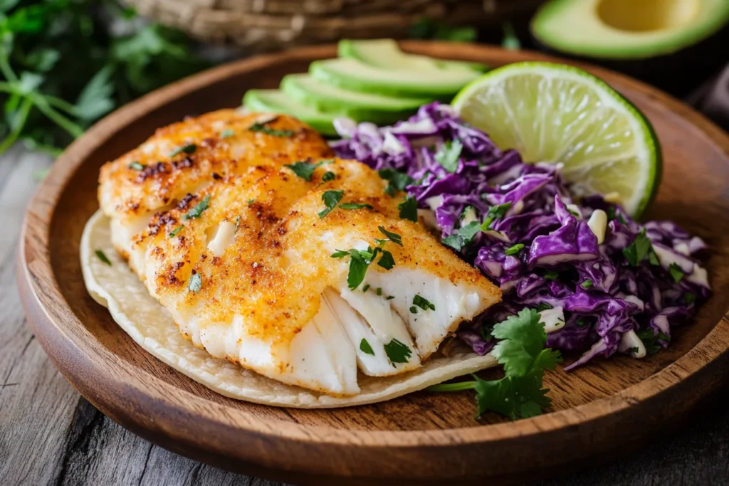 A plate of crispy air fryer fish tacos topped with cabbage slaw, avocado slices, and lime wedges, served on a wooden board.