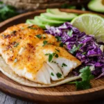A plate of crispy air fryer fish tacos topped with cabbage slaw, avocado slices, and lime wedges, served on a wooden board.