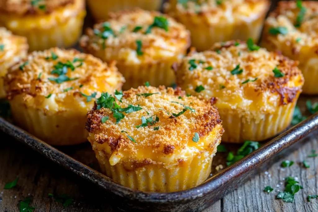 Golden mac and cheese cups topped with crispy breadcrumbs and fresh parsley on a rustic wooden table.