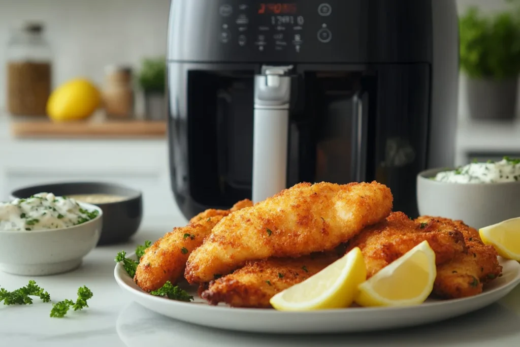 Golden, crispy fish fillets served with lemon wedges and tartar sauce.